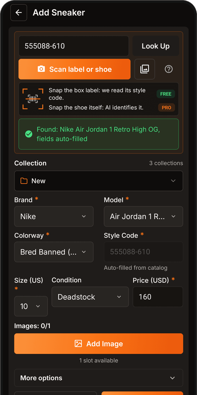SneakersBook Add Sneaker screen showing the free box-label scan and the AI shoe scan, with a looked-up style code auto-filling the pair's details