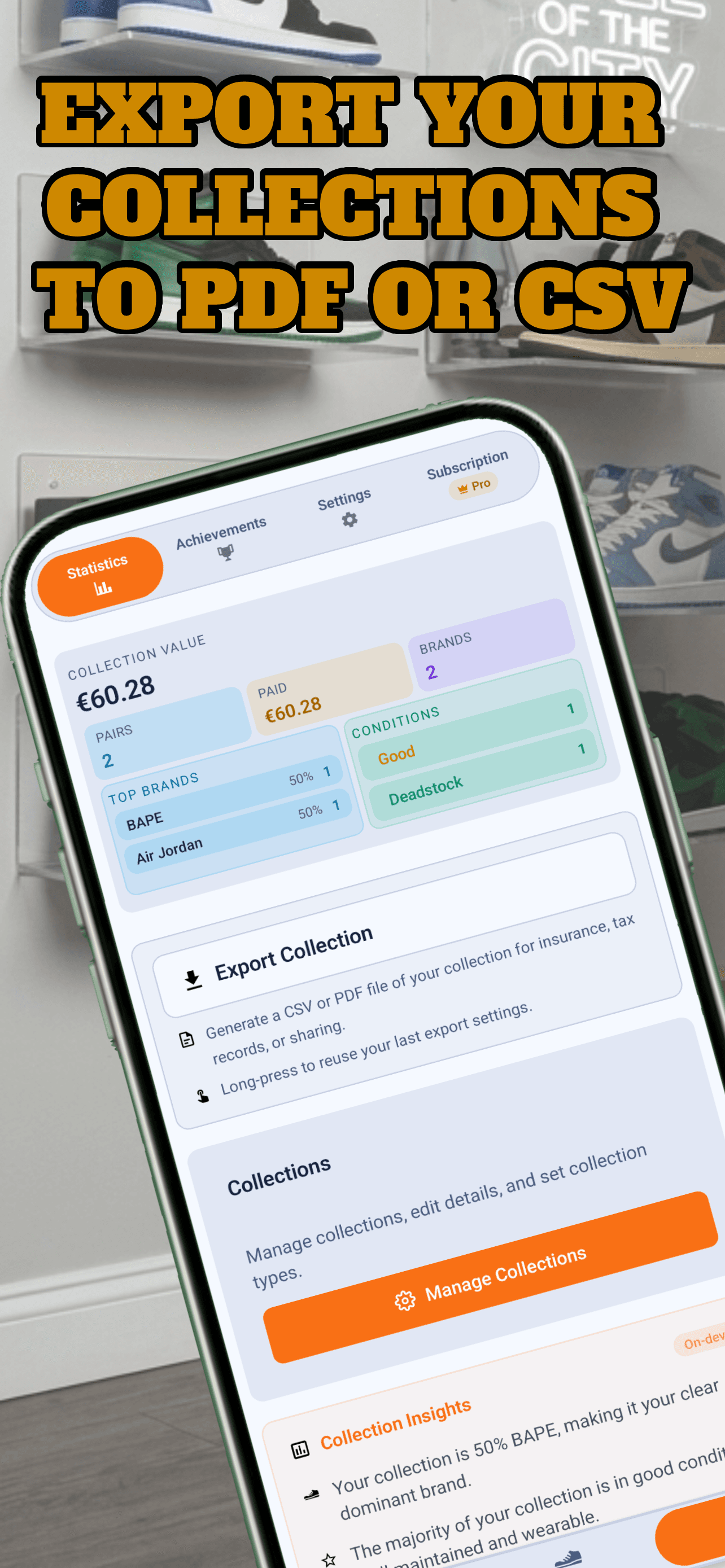SneakersBook Export Collections screen for generating CSV or PDF files