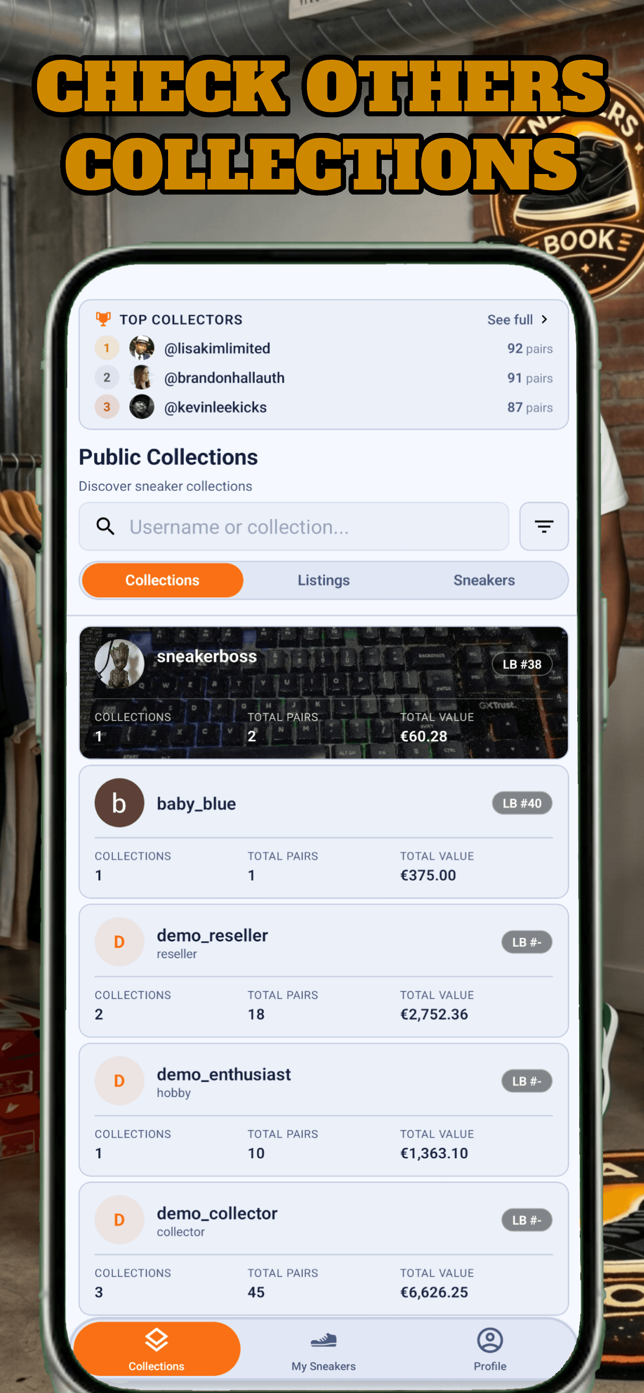 SneakersBook Public Collections discovery screen showing other collectors and their totals