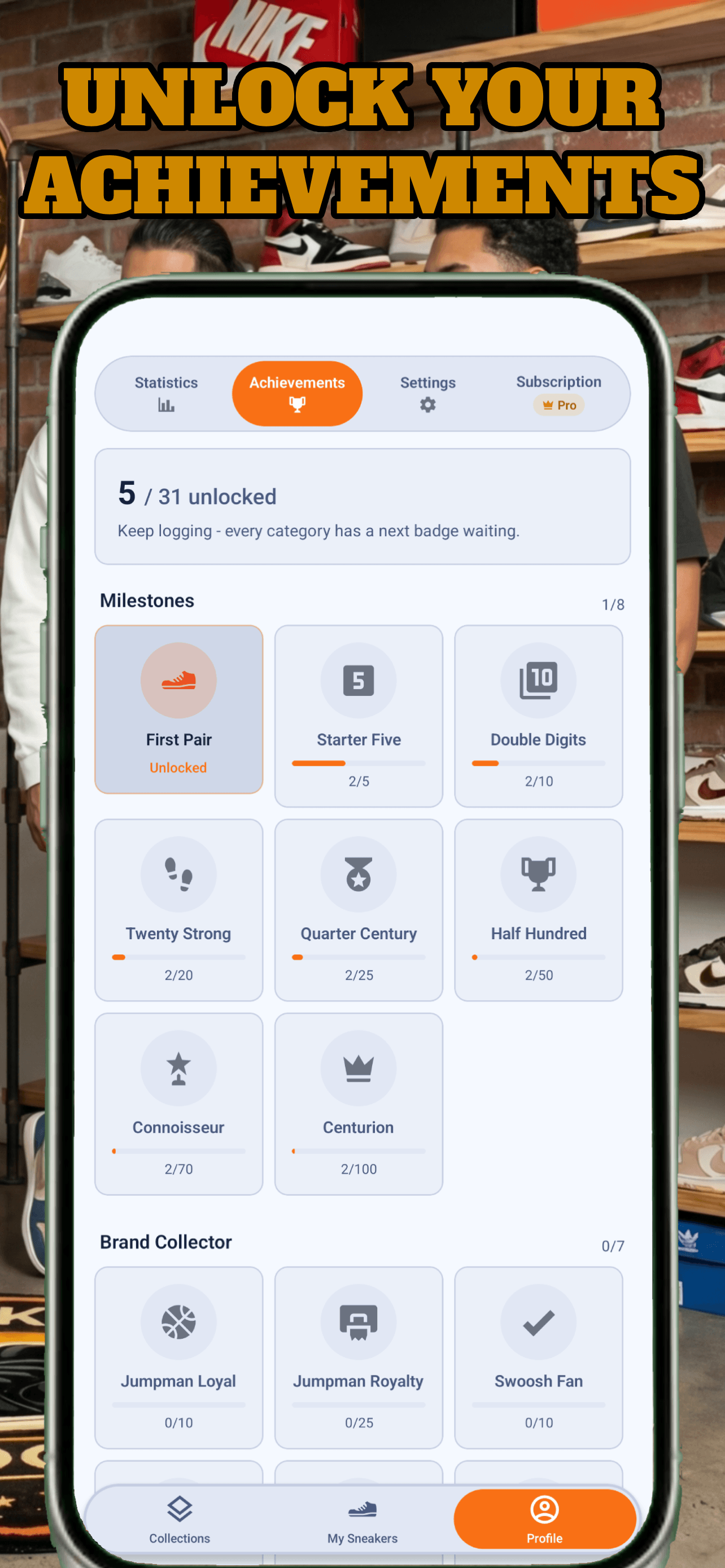 SneakersBook Achievements screen with milestone badges, 5 of 31 unlocked