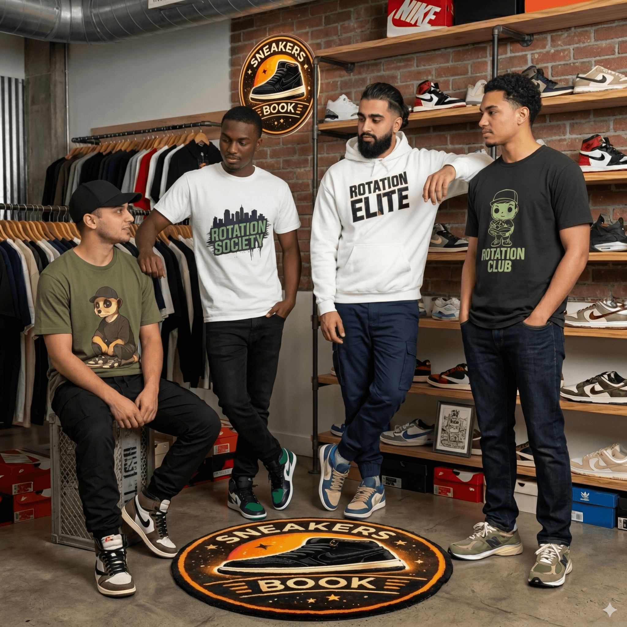 Four collectors posing in front of the SneakersBook store signage