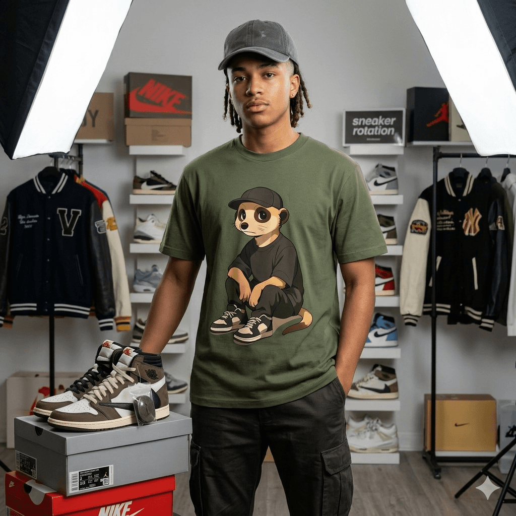 A SneakersBook collector wearing an olive Rotation Club tee in a sneaker studio setting