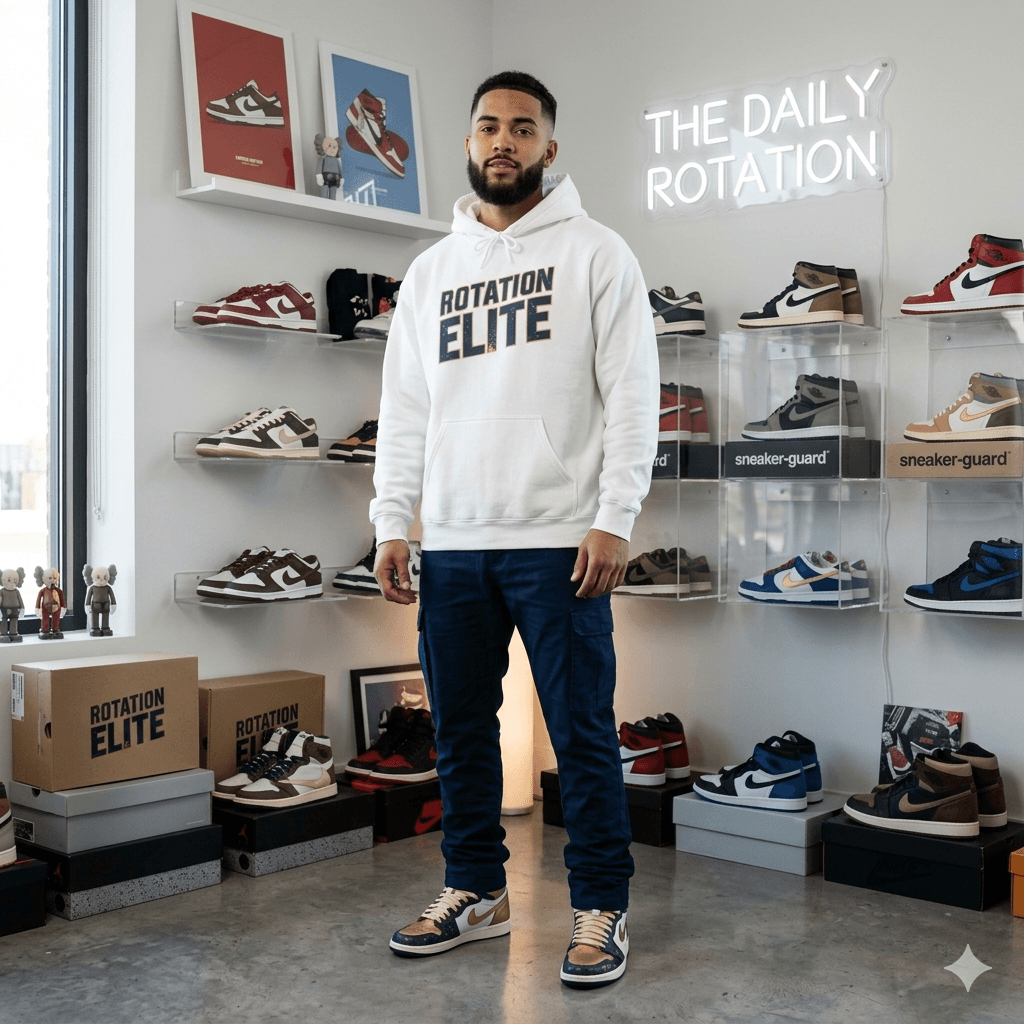 SneakersBook collector in Rotation Elite hoodie at The Daily Rotation